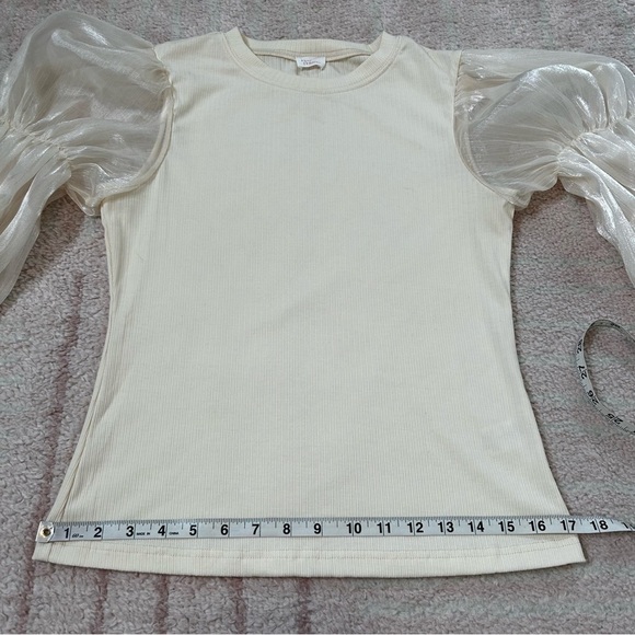 Peony Pastels Cream Ribbed Blouse with Sheer Puff Sleeves Size Large Holiday - Picture 7 of 11